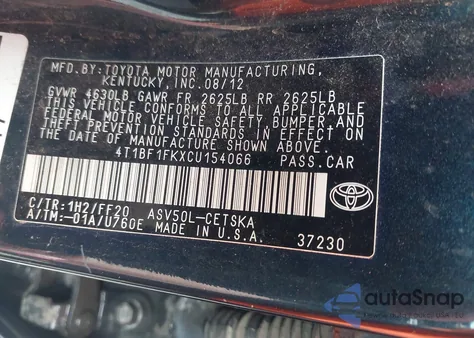 2012 Toyota Camry Se from USA, damaged, VIN 4T1BF1FKXCU154066